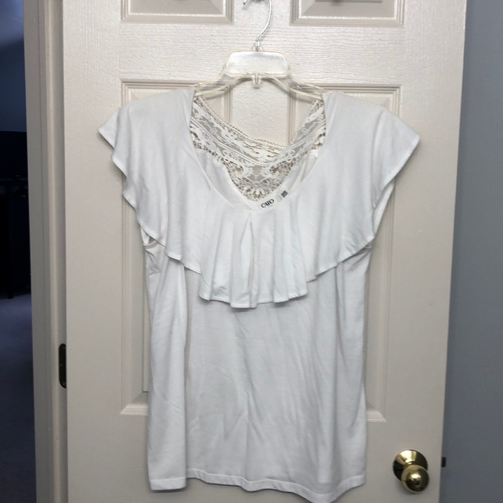 White ruffled lace decorated cap sleeve top